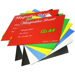 TUKA-i-AKUT 12x A4 Magnetfolie zum Beschriften und Zuschneiden, Flexibel Magnet Tafelfolie Magnetplättchen, Werbelehrmagnet Magnetische Etikett Plakat, 12er Set in 6 Farbe, TKD9040-bunt-A4-12x