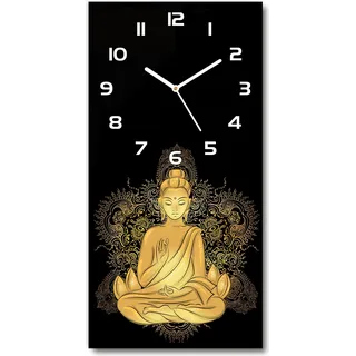 Wanduhr aus Glas – 30x60 cm - Glasbild - Glasuhr - Gehärtetes Glas -Buddha und Mandala - Gelb