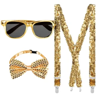 Boland - Party Accessoires im Set, 3-teilig, Brille, Fliege und Hosenträger, glänzende Pailletten, Kostüm-Zubehör, Karneval, Silvester, Mottoparty, Gold