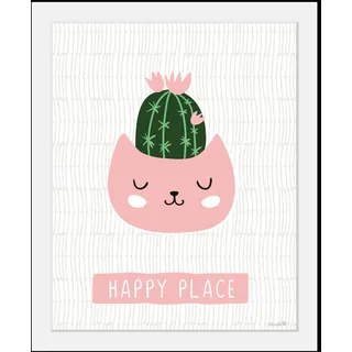 Bild QUEENCE "HAPPY PLACE", rosa (farbe rahmen: schwarz, farbe bild(er): rosa, grün), B:30cm H:40cm, Acrylglas, Holz, Papier, Bilder, Bild, HD Premium Poster-Druck inkl. Holzrahmen