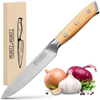 Moritz & Moritz Profi Küchenmesser 13 cm - Universalmesser Küche Kochmesser - Allzweckmesser für Obst, Gemüse, Fleisch und mehr - Ergonomischer Griff aus Akazienholz - Deutscher Messerstahl