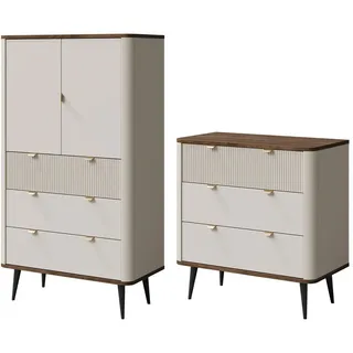 Feldmann-Wohnen Wohnzimmer-Set Marly 2-tlg Kaschmir / Walnuss , Beige, Braun , Holzwerkstoff , 1 Fächer , 6 Schubladen , 180x163x40 cm , Wohnzimmer, Wohnwände