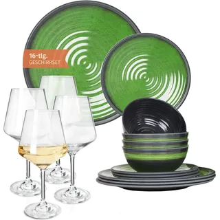 Melamin Camping Geschirr Set 4 Personen Stone Green + 4 Milano Weiß Weingläser Tafelgeschirr Picknick BBQ Kochgeschirr - Weiß