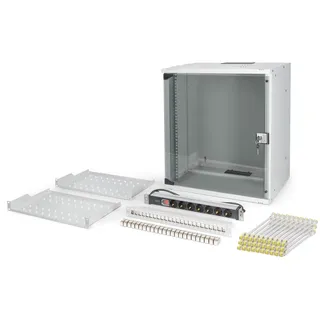 Digitus 19 Zoll Netzwerk-Set – 12HE Netzwerkschrank SOHO Pro – 2 Fachböden 1HE – 24-Port Patch Panel – 24 Keystone Module – 30 Patchkabel – Steckdosenleiste – unmontiert – Grau