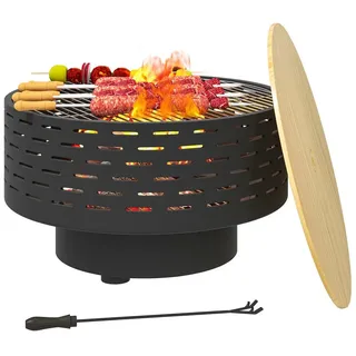 Outsunny 3-in-1 Feuerschale Ø60 x 39cm aus Edelstahl Feuerstelle mit Grillrost Schürhaken Funkenschutz in Holzoptik Feuerschalen Feuerkorb für