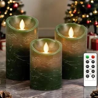 PinnWaa Led Kerzen Flammenlose Kerzenhalter [3 Stück], 10-Tasten Fernbedienung Timer, Flammenlose Kerzen, Realistisch Flackernde Batteriebetriebene Dekorations LED Stabkerzen - Grün