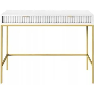 BETTSO Geriffelt Schminktisch Konsolentisch Schreibtisch Goldgriffe NOVA Weiß mit Goldbeinen - Weiß