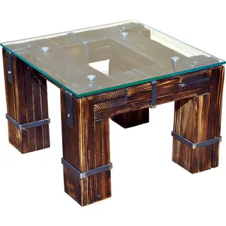 CHYRKA® Couchtisch (Natur, 60x60 cm H=50 cm) DROHOBYCZ Wohnzimmertisch Massivholz Glastisch Holz Glas Loft Handmade Vintage Deco - Braun