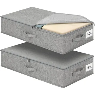 Romon Aufbewahrungsbox mit Deckel, 2 Stück 50L Unterbett Aufbewahrung und Organisation aus Verstärktem Leinen für Kleider & Bettwäsche, Faltbare Große Unterbettkommode mit Etikettenfach, Grau