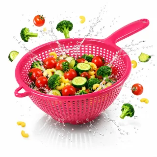 Stielsieb Kunststoff Stielseiher Nudelsieb mit Griff Küchensieb Abtropfsieb Sieb Plastik Handsieb Seiher Blanchiersieb Küchenhelfer Abseiher Salatsieb Passiersieb Spitzsieb stapelbar 35 cm rot