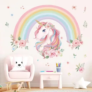 wondever Wandtattoo Regenbogen Groß Wandsticker Einhorn Blumen Mädchen | Abziehen und Aufkleben, Abziehbar, Wandaufkleber Selbstklebend für Kinderzimmer Mädchen Babyzimmer Mädchenzimmer Wanddeko