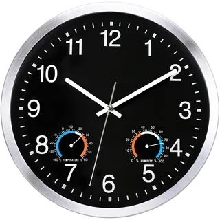 KIZLOC 30 cm Outdoor Uhr Garten Wasserfest mit Thermometer und Hygrometer, Gartenuhr Außen Wetterfest, Lautlose Batteriebetriebene Groß Wanduhr für Draußen Badezimmer Zuhause (Schwarz)