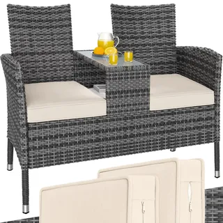 CASARIA® Gartenbank Sitzbank inkl. Auflagen Wetterfest Polyrattan 320kg Belastbar Tisch Ablage UV-beständig Garten Balkon Bank 2-Sitzer 145x58cm Grau - Grau