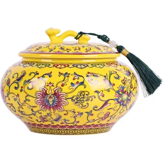 Dekoratives Ingwerglas aus Keramik Emaille für Wohnkultur – Blaues und weißes Porzellan-Vorratsglas, Chinoiserie Blumenvase, Mehrzweck-Dekobehälter (gelb)