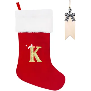 Weihnachtsstrumpf Personalisiert 50cm Großer Nikolausstrumpf mit Buchstaben Plüsch Stockings Hängender Weihnachtsmann mit Namensschild Ornamente Weihnachtsdekorationen für Weihnachtsbaum und Heim (K)