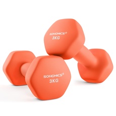 SONGMICS Hanteln, 2er Set, 2 x 3 kg, Hantelset, Kurzhanteln, Hexagon, Neopren-Beschichtung, Krafttraining, Workout, Fitnesstraining, für Zuhause, papayaorange SYL906O01