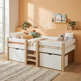 Aspy Kinderbett 90x200 cm – Hochbett mit 2 Schubladen, Rausfallschutz & Lattenrost – Halbhochbett mit Leiter aus Kiefer Massivholz in Weiß/Natur – Jugendbett mit Stauraum