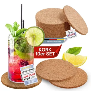 wortek Untersetzer Gläser Korkuntersetzer rund - 10er Set Kork Untersetzer 10cm Korkplatte - Tischuntersetzer Tassenuntersetzer Glasuntersetzer Kork für Raclette, Tee, Kaffee, Cocktail Bar Zubehör