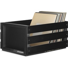 Navaris Holz Schallplatten Kiste mit Kreidetafel - 42,9 x 34,4 x 22,9 cm - für bis zu 80 LP Platten - Vinyl Aufbewahrung Holzkiste - Schwarz