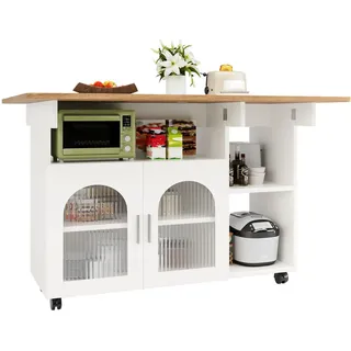 Stilvora Kücheninsel in Weiß und Naturfarben Servierwagen mit Glastüren für Küche und Esszimmer, B120/T30/H79.5 cm , Metall, Holzwerkstoff, Glas , Rechteckig , 120x79.5x30 cm , Küchen, Küchenmöbel, Kücheninseln