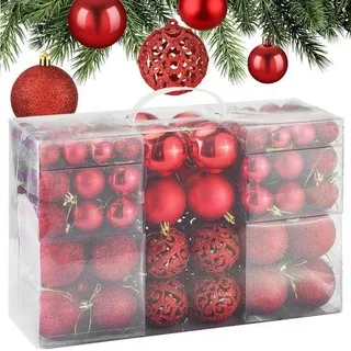 Unyqoos® 100 rote Weihnachtskugeln – Kunststoff-Deko-Set 6/4/3 cm, matt/glänzend/glitzernd, praktisch unzerbrechlich, für Innen & Außen, mit Aufhängeösen & Aufbewahrungsbox - Rot