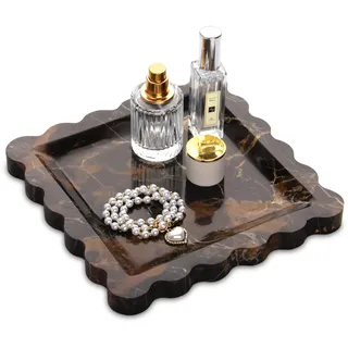 Kosmetiktabletts Marmor Natürlichem für Badezimmer mit Wellenschliff Rand Schminktabletts Schmuckschale Deko Tablett Schwarzes Gold 20 x 20 cm