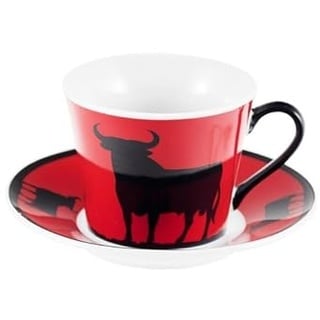 DRW Set 8 kleine Tassen Stier schwarz und rot mit Untertasse 8 x 6 x 5 cm, Keramik, Taza 8x6x5 cm