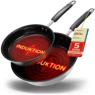 Pfannenset Induktion für alle Herdarten 20cm und 28cm beschichtete Pfannen aus Edelstahl - 10 JAHRE GARANTIE, Optimierte Griffe, Perfekte Hitzeverteilung, Spülmaschinen- und Ofenfest - Bratpfanne Set
