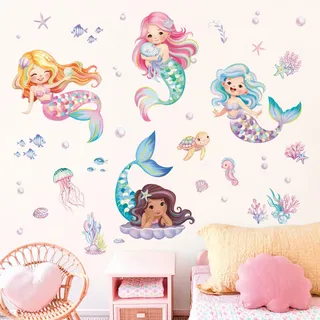 decalmile Wandtattoo Unter dem Meer Meerjungfrau Wandaufkleber Ozean Fisch Schildkröte Wandsticker Mädchen Schlafzimmer Babyzimmer Badezimmer Wanddeko