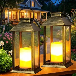 Yowin Solarlaterne für Außen 2 Stück Solarlampen Garten mit Flammeneffekte Kerze, Hängend Solar Laternen Wasserdicht Solar Tischlampe Outdoor, Solarleuchten für Terrasse Balkon Pavillon Deko - Bronze