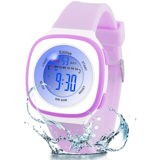 Edillas Kinderuhr Digital Mädchen Jungen,7 Farben Licht Armbanduhr für Kinder wasserdichte Sport Outdoor Multifunktionale digital Uhren mit Stoppuhr,Alarm Alter 4-15 (Lila)