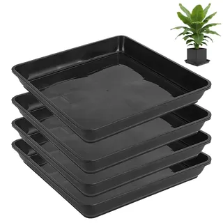 LOMUG Pflanzenuntersetzer Eckig 29 x 29 cm, 4er Set Blumentopf-Untersetzer aus Kunststoff, Schwarze Pflanzschale für Blumentöpfe und Pflanzkübel, Flach, für Innen- und Außenbereich