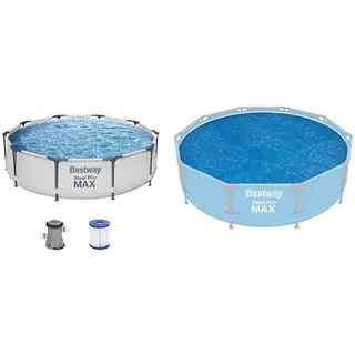 Bestway Steel Pro MAX Frame Pool-Set mit Filterpumpe Ø 305 x 76 cm, lichtgrau, rund & FlowclearTM Solarabdeckplane Ø 289 cm, für runde 305 cm Aufstellpools, blau