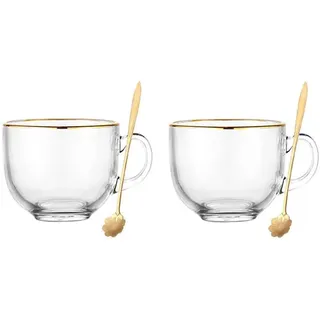 KKGUD 2er-Set Teetassen aus Glas mit Goldrand, Haferflockenbecher, Joghurtbecher mit Löffel (einfaches Design, 16oz)