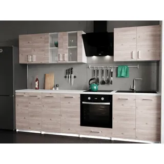 Roe Furniture | Küchenzeile - 280 cm - DunkelBraun (Sonoma) - Einbauküche, Küchenblock, Singleküche, Singleküchenblock, Küchen - Tischplatte Weiß - Dunkelbraun, Weiß