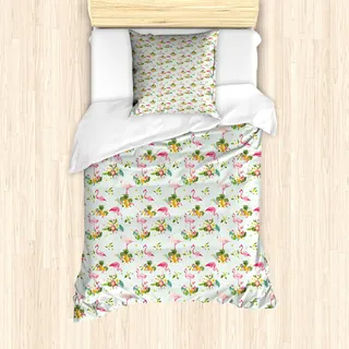 ABAKUHAUS Flamingo Mantele, Frische Flora Ananas, Milbensicher Allergiker geeignet mit Kissenbezügen, 135 cm x 200 cm - 80 x 80 cm, Mehrfarbig