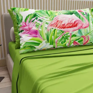 Petti Artigiani Italiani - Bettwäsche aus Baumwolle mit Kissenbezügen mit Digitaldruck, für Doppelbett, Maxi, komplettes Ober- und Unterlaken mit Ecken, Flamingo, grün, 100% Made in Italy