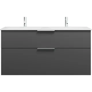 burgbad Eqio Slim Keramik-Doppelwaschtisch inklusive Waschtischunterschrank mit 2 Schubladen, 1220x490x620mm, SHBX122F6584C0001G0146, Farbe: Dunkelgrau Matt / Dunkelgrau Matt, Griff Chrom G0146