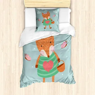ABAKUHAUS Fuchs Bettbezug Set, Kindergarten-Themen-Illustration von niedlichem Tiere mit Kleid und süßen Bogen, 135 x 200 cm + 80 x 80 cm, Mehrfarbig