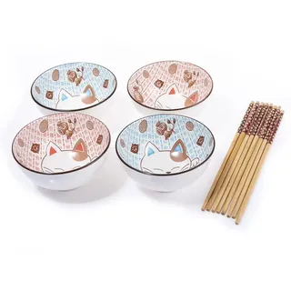 lachineuse - Set mit 4 Schüsseln japanischer Katze (Ø 11 cm) – Reisschüsseln, Frühstück & Suppe – japanisches Geschirr aus Porzellan – mit Essstäbchen – Maneki Neko Glücksbringer – Geschenk Deko