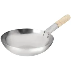 Vogue Wok-Bratpfanne mit flachem Boden aus Stahl, 240 mm, hitzebeständiger Holzgriff, rustikales Design, für den Einsatz in Restaurants und in der privaten Küche, K295