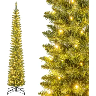COSTWAY 210cm künstlicher Weihnachtsbaum mit 200 warmweißen LEDs, Bleistift Tannenbaum, Christbaum schmal, Kunstbaum Weihnachten Grün - Grün