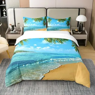 Loussiesd Ozean Strand Themed 100% Baumwolle Bettwäsche Set 135x200cm Tropische Palme Bettbezug Set für Kinder Jungenliche Frauen Mädchen Blaues Meer Betten Set Hawaiian Sommer Bettwäsche