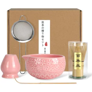 Matcha Set Komplett, Keramik Matcha Schale mit Ausgießer, Bambus Matcha Besen, Keramik Besenhalter, Bambuslöffel & Pulversieb - Traditionelles Teezeremonie Set, Ideales für Matcha-Liebhaber