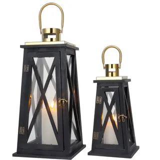 TRIROCKS 2 Stück Kerzen Laternen 55 cm & 40 cm Hoch Holz Schwarz Kerzenhalter Vintage Kerzenständer mit Glas Silber Metallring Gartendeko Grablaterne Balkon Deko für Muttertag Hochzeit