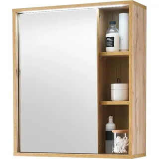 GREECE Spiegelschrank Bad mit LED-Beleuchtung in Wotan Eiche Optik - Badezimmerspiegel Schrank mit viel Stauraum - 60 x 70 x 20 cm (B/H/T)