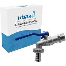 kör4u Kugelauslaufventil Messing 3/4 Zoll, vernickelt, mit Schlauchverschraubung, blauer Hebel, Wasserhahn, geeignet für Haushalt-, Gartenbereich