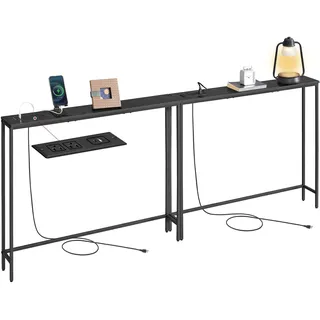 VASAGLE Konsolentisch mit Ladestation, schmaler Sofatisch, Flurtisch, 2 Tischplatten, einfache Montage, für Flur, Wohnzimmer, 100 x 15 x 80 cm, Schwarze Holzoptik-Mattschwarz LNT078BE03