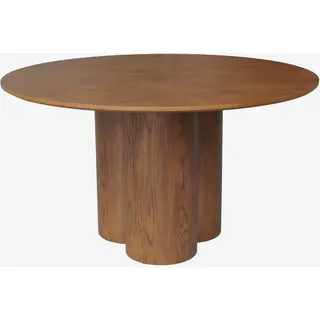 sweeek - Runder Esstisch Hevea-Holz und Eichenfurnier für 4 Personen Ø130 cm - Nussbaumfarben - Braun, Schwarz