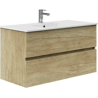 Baikal Badezimmerschrank, Zwei Schubladen, Wandmontage, mit Waschbecken, Melamin 16, montiert, Möbel 90 cm, Natur, ohne Spiegel